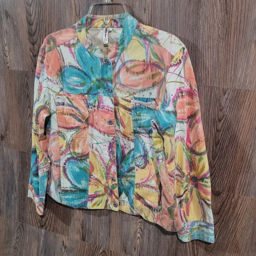 Winter Sun Floral Jacket Size M Multicolor Art to Wear Maximalist 100% Cotton
